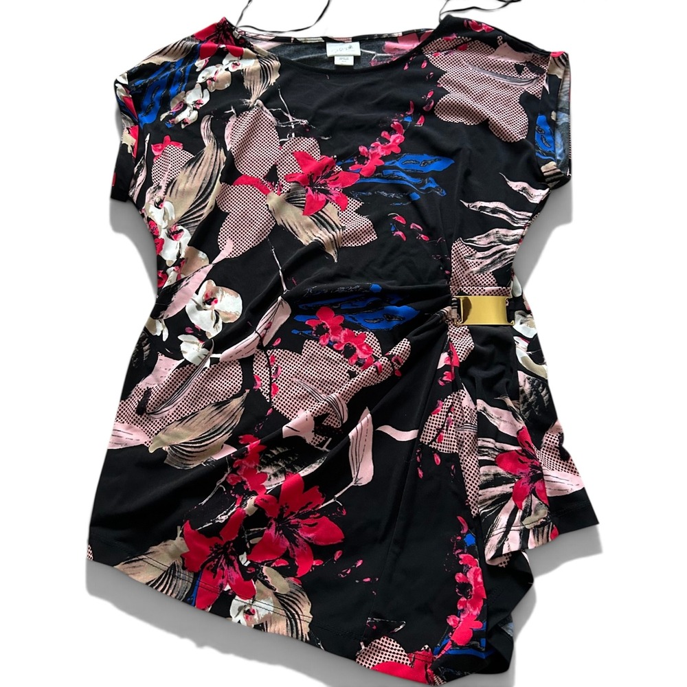 Jaclyn Smith Collection Floral Side Buckle Blouse Black Pink Blue Medium